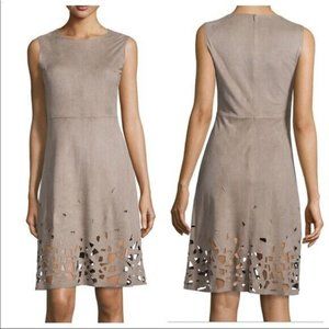 ELIE TAHARI   MOCHA FAUX SUEDE A LINE LASER CUT HEMLINE SKIRT DRESS SIZE: 14